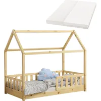 Juskys Kinderbett Marli 80 x 160 cm mit Matratze, Lattenrost & Dach - Bett Natur