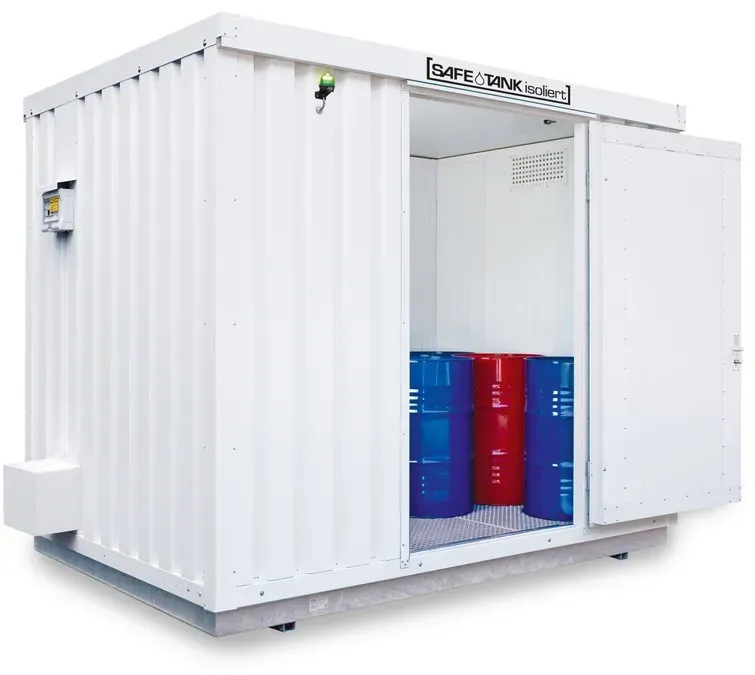 SAFE Tank Gefahrstoffcontainer 1000 ECO, isoliert, isoliert, energieeffizient durch bedarfsgerechte Lüftersteuerung, Maße außen 3350x2170x2560 mm, Einzelflügeltür, mittig in Breitseite, Lagerfläche 6 m2