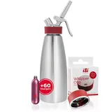 iSi - Gourmet Whip Sahnespender 1L + 6 x 10 Sahnekapseln + Whipper Verschlusskappe im Bundle - Sahnesprüher Set aus 100% Edelstahl für Sahne, Suppen, Espumas & Desserts - Made in Austria