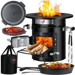 KESSER® Raketenofen Inkl. Grillpfanne aus Gusseisen mit Tragetasche, Dutch Oven BBQ Rakete Holzofen Camping Campingkocher Campinggrill, Edelstahl