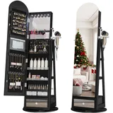 LVSOMT LED Bogen Schmuckschrank mit Spiegel, 360° Drehbar Standspiegel mit Schmuckschränke, Abschließbar Schmuckspiegelschrank mit Beleuchtung, Schmuckschrank Stehend Holz mit Stufiges Regal, Schwarz