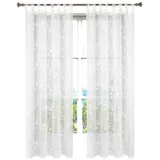 Woltu VH6059ws-2, 2er Set Gardinen transparent Blumen Stickerei mit Schlaufen Leinen Optik, Doppelpack Vorhang Stores Voile Fensterschal Dekoschal für Wohnzimmer Schlafzimmer, 140x225 cm, Weiß