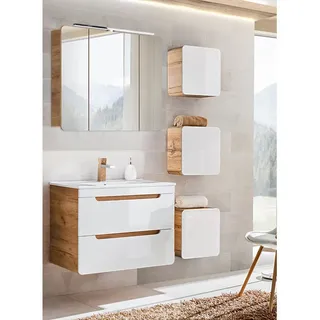 Lomadox Badmöbel Badezimmermöbel Set, Hochglanz weiß mit Wotan Eiche Nb., Waschtisch-Unterschrank mit 81 cm Keramik-Waschbecken, LED-Spiegelschrank, 3 Hängeschränke