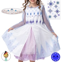 corimori Eiskönigin Kostüm Kleid für Elsa Fans | mit Tattoos & Diadem | Prinzessinenkleid für Fasching | hellblau-weiß, Größe 128/134