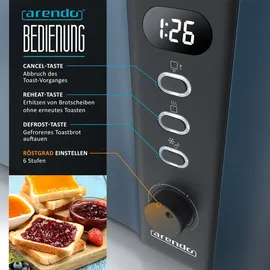 Arendo 4-Scheiben-Toaster mit Restzeitanzeige, Langschlitz-Toaster, Auftaufunktion, 6 Stufen, Blau