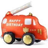 Stehender roter Folienballon Feuerwehrauto, 67x53 cm, für Kindergeburtstage, Motto-Feier, Dekoration, mit Strohhalm zum Aufblasen