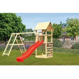 Woodfeeling Karibu Spielturm Lotti mit Doppelschaukel Klettergerüst Kletterwand Rutsche Rot