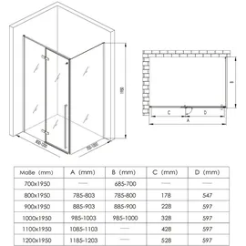 mai & mai Eckdusche mit Drehtür rechts 100 x 195 cm Schwarz Klarglas R64K