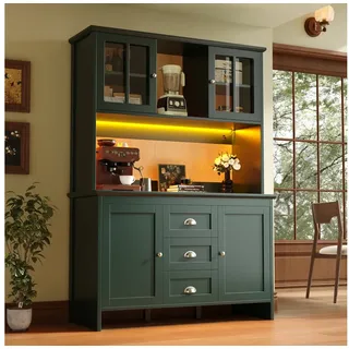 Flieks Küchenbuffet mit LED-Beleuchtung, Schubladen und Glastüren in Retro-Stil (1-St., B120/T40/H179 cm) Hochschrank Küchenschrank Geschirrschrank mit verstellbare Ablagen grün