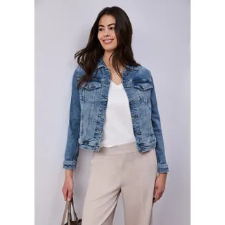 Jeansjacke STREET ONE, Damen, Gr. 44, medium blau wash, Denim/Jeans, Obermaterial: 70% Baumwolle, 28% Polyester, 2% Elasthan, unifarben, regular fit normal, Manschette, Jacken Jeansjacke, mit Brust Taschen