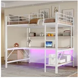 STILVORA Kinderbett Jugendbett 140×200cm Metallbett Kinderbett mit USB Steckdose & LED (140x200 cm mit Schreibtisch, Regal & LED-Licht – Metall & MDF, inkl. USB & Steckdose, für Kinder & Jugendliche), Ohne Matratze weiß