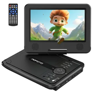 POFOTO 9,5" Tragbarer DVD Player mit 7,5" HD-Schwenkbaren Bildschirm, 4-6 Stunden Akkulaufzeit, DVD Player Auto mit Dual-Lautsprechern, Autoladegerät, Netzteil, Sync TV/USB/SD-Karte (Grau-schwarz)