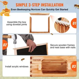 Vevor Bienenstock, Zander Beute für 30 Rahmen, mit Bienenwachs beschichtetes Holz, 2 tiefe + 1 mittelgroßer Bienenkasten, Langstroth-Bienenstock-...