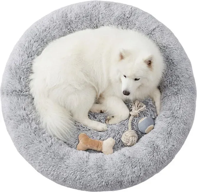 Flauschiges, beruhigendes Donut Hundebett mit abnehmbarem, waschbarem Bezug, Grau