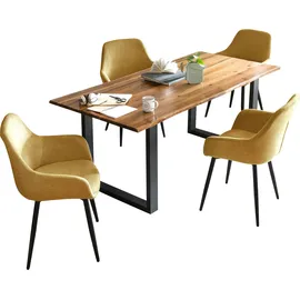 SalesFever Essgruppe, 5 tlg. 180 cm - Bezug Strukturstoff gelb Gestell schwarz Tisch cognac | 370759