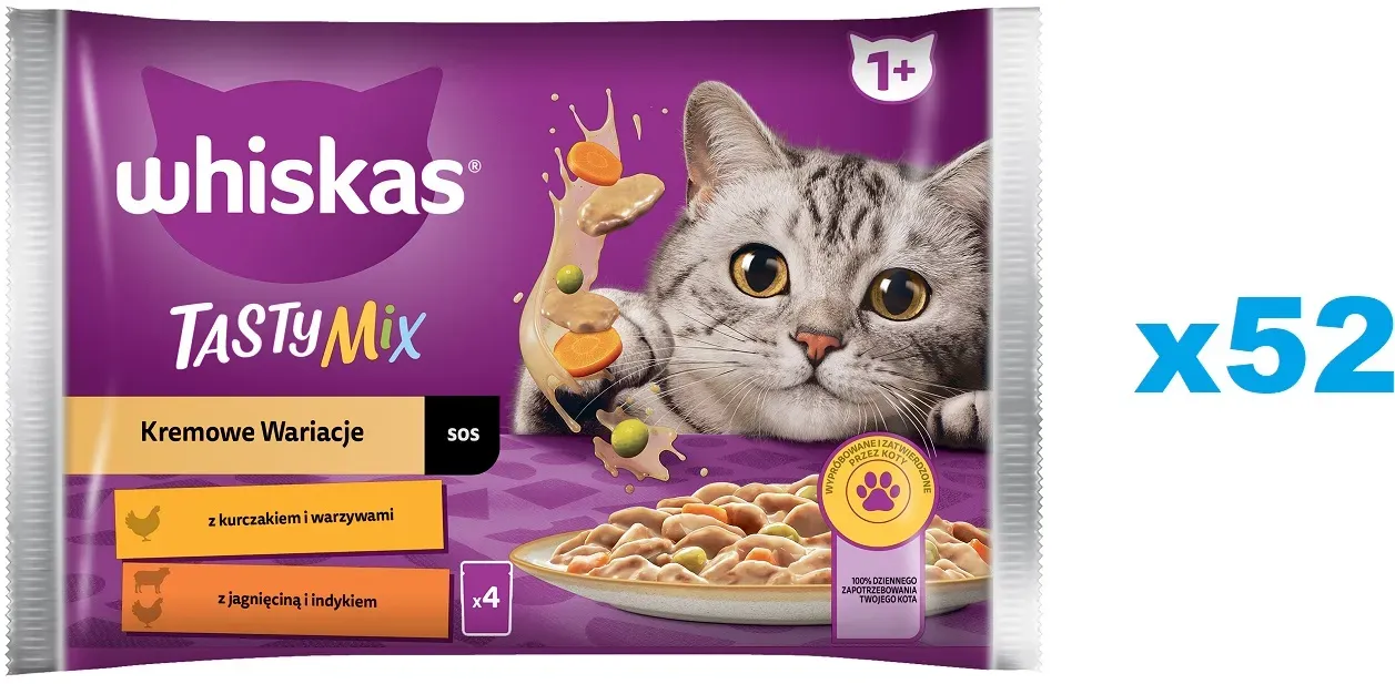 WHISKAS Adult 52x85g Creamy Variations Nassfutter für ausgewachsene Katzen in Sauce mit: Huhn und Gemüse, Lamm und Pute