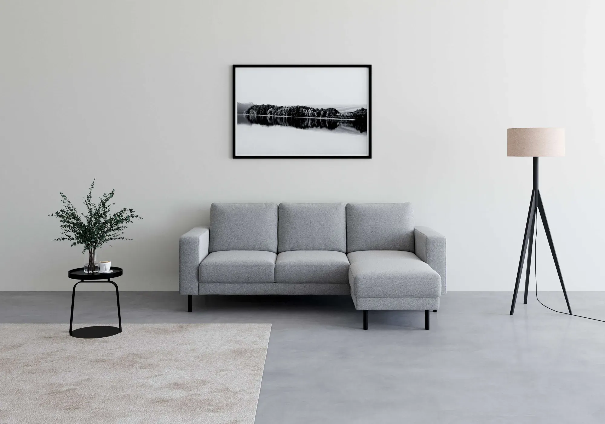 Ecksofa INOSIGN "Barrett" Sofas Gr. B/H/T: 218cm x 85cm x 146cm, Webstoff, Recamiere rechts, weiß (silber) mit schwarzen Metallfüßen, losen Rückenkissen