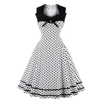 AXOE Damen Rockabilly Kleid 50er 60er Jahre Vintage Elegant Festlich Cocktailkleid für Hochzeitsgast Weiß mit Schwarzen Punkten, Gr. 42, XL - XL