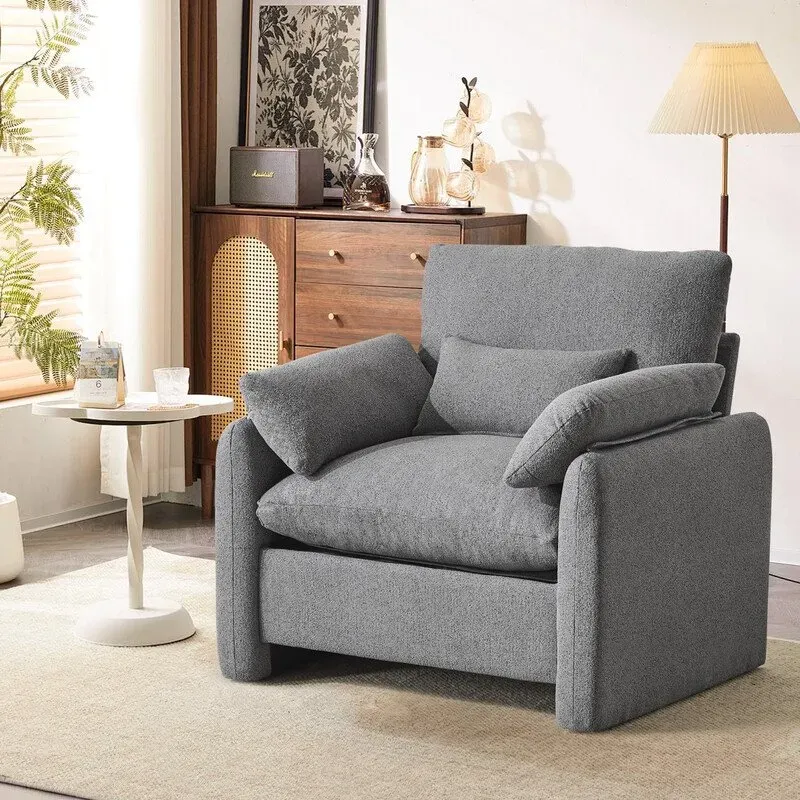 Ckaff Extragroßer Ohrensessel für Wohnzimmer, 93,5 cm Polstersessel Fernsehsessel Einzelsofa mit abnehmbarer Armlehne & Wurfkissen, Lesesessel für Wohnzimmer Schlafzimmer, Grau
