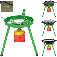 Mianova 4in1 Campingkocher + Fladenbäcker + BBQ + Wok Grill + 4 x 500g Butangas Gaskartuschen Gas Camping Kocher Herd Kartuschen Tragetasche Gaskocher Notfallkocher Set Grün