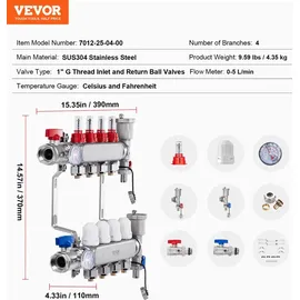 Vevor 4-Zweig-Wärmeverteilungsverteiler 1/2-Zoll-PEX-Rohrverteiler Edelstahl für hydronische Fußbodenheizung