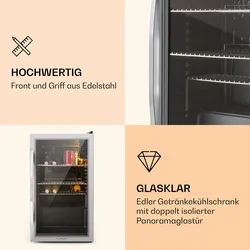 Klarstein Beersafe XXL Kühlschrank 80 Liter 3 Böden Panoramaglastür Edelstahl Edelstahl