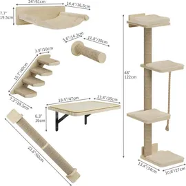 YITAHOME Katzen-Wandmöbel, 7 Teile, Holz, Kletterbaum mit 3 Kratzbäumen, 4 Stufen, Hängematte, Katzentreppe, Wandmontage.