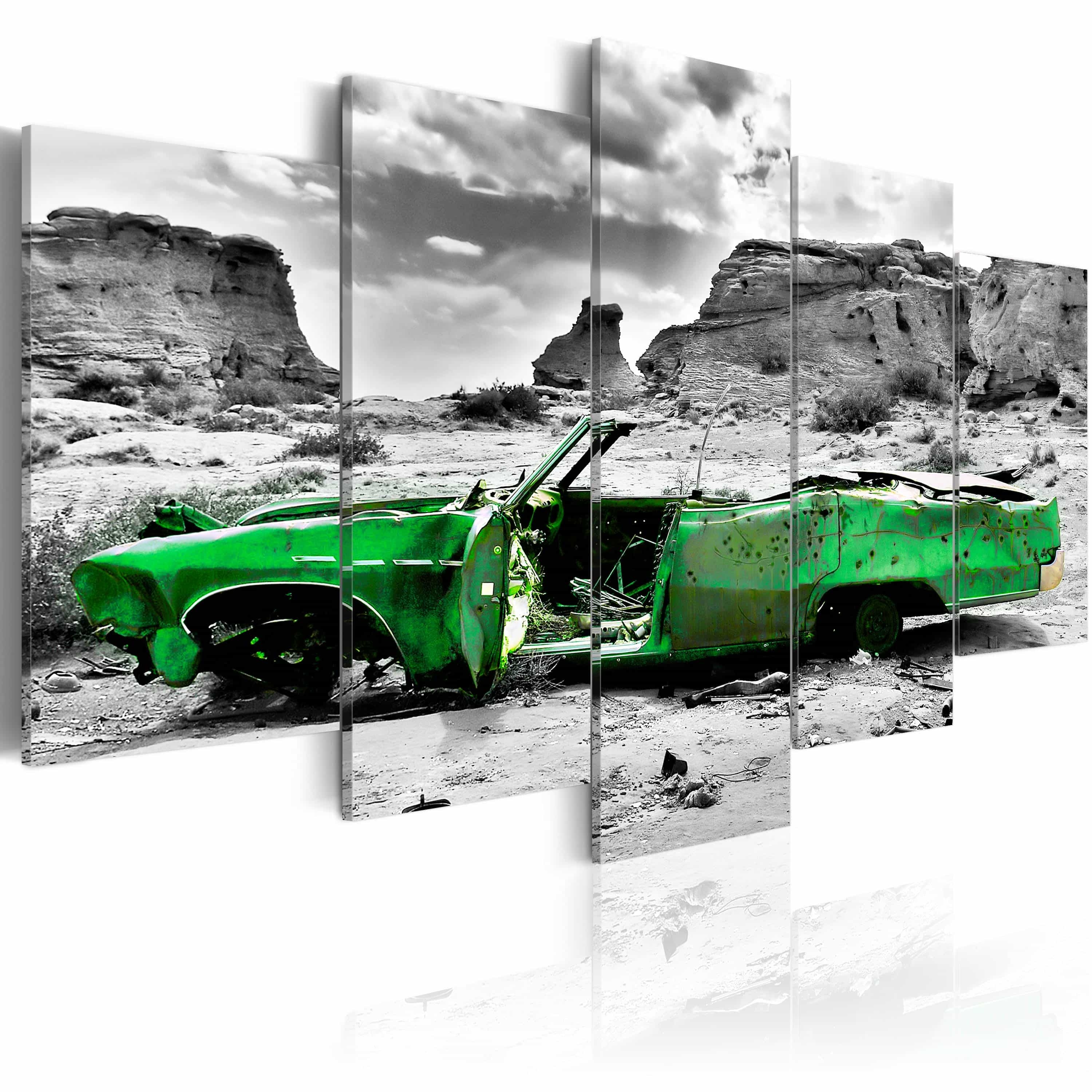 Wandbild - Grünes Retro Auto in der Colorado Wüste