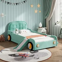 Flieks Kinderbett 90x200cm mit Rutsche und Treppe, Polsterbett mit Rausfallschutz und Lattenrost, Kinder Einzelbett Autobett Samt, Grün - Grün