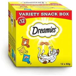 DREAMIES Variety Snack Box Katzensnacks mit verschiedenen Geschmacksrichtungen Huhn, Käse & Lachs 12 x 60g