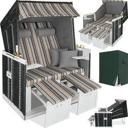 tectake® Strandkorb, gepolstert mit ausziehbaren Fußbänkchen, klappbare Seitentische und weitere Extras, 115 x 158 x 78 cm