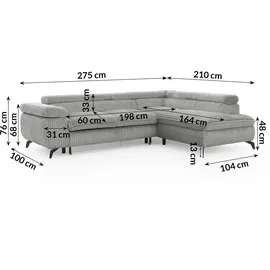 S-Style Ecksofa Cord 2-Sitzer Grau