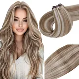 Vivien Echthaar Tressen Extensions Blond Tressen Echthaar Extensions Braun Extensions Echthaar Tressen Haarverlangerung Hellbraun mit Platinblond 20 Zoll/50cm 100g