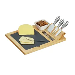 Relaxdays Käsebrett mit Schieferplatte, 3-tlg. Käsebesteck, Dipschale, 4x Serviergabel, Bambus Käseplatte, natur/schwarz
