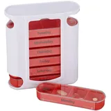 Relaxdays Pillendose 7 Tage, wöchentliche Tablettenbox, 4 Fächer, Englisch, Medikamentendose mit Schiebedeckel, weiß/rot