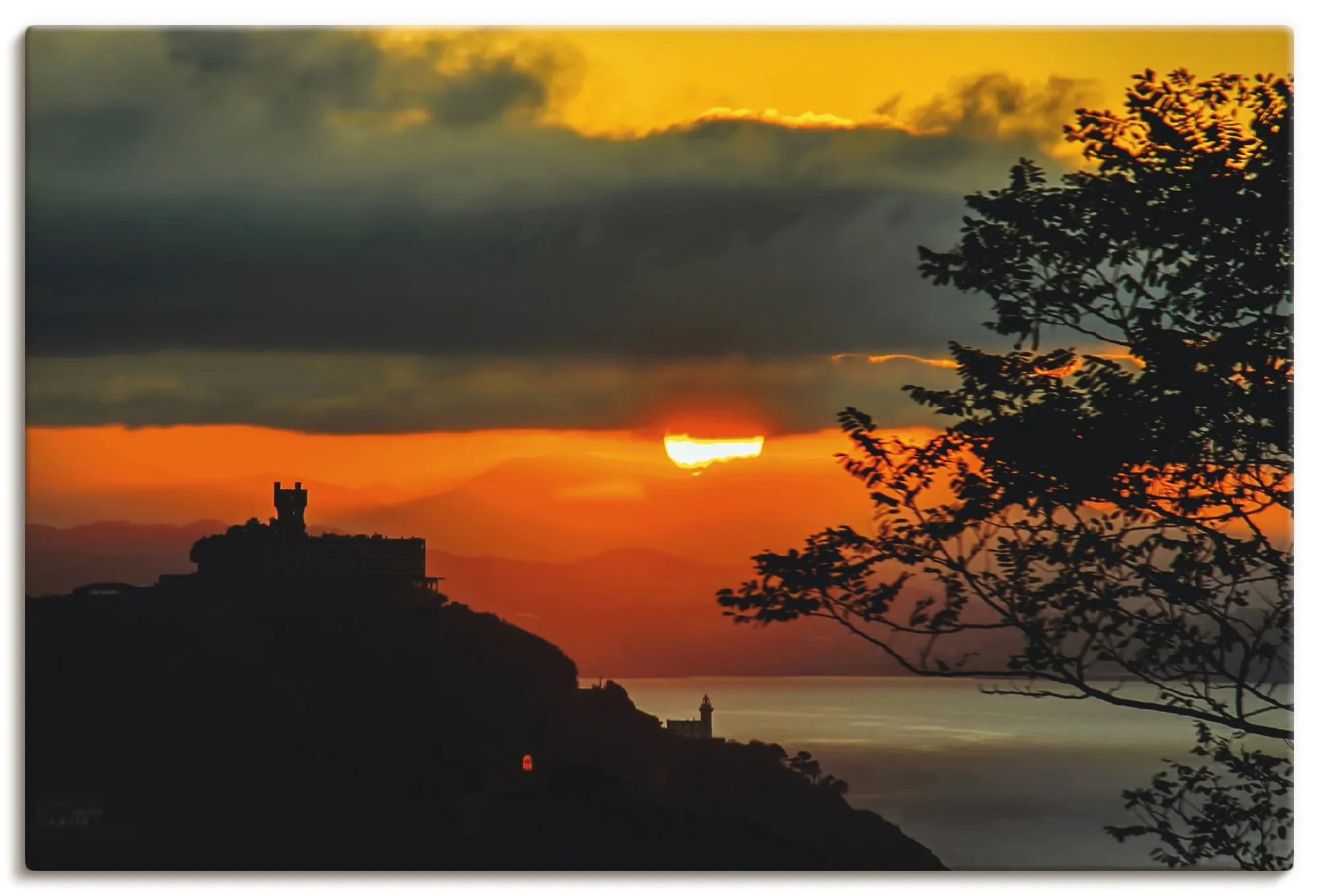 Leinwandbild ARTLAND "Sonnenuntergang San Sebastian Donostia" Bilder Gr. B/H: 90cm x 60cm, Leinwandbild Sonnenaufgang & -untergang Querformat,, orange Bild Poster Bilder auf Keilrahmen gespannt