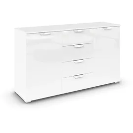 Rauch Möbel Glamour by Aditio Kombikommode, Kommode, Sideboard, Schubkastenkommode, 2-türig, 4 Schubkästen, Soft-Close, Farbe Hochglanz Weiß/Alpinweiß, 140x81x42cm