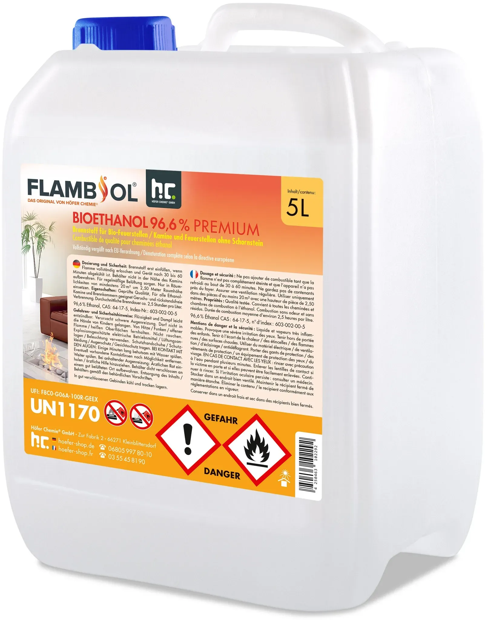 8x 5 L Bioéthanol 96,6%  pour cheminées en bidon de 5 L