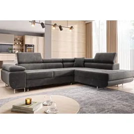 m-punkt Wohnlandschaft Ecksofa MIAMI Samt Grau mit Bett Bettkasten Kopfteilverstellung Bett Sofa Schlafsofa Ottomane rechts