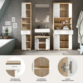 WELLTIME Badmöbel-Set "Siena, 4 teilig, bestehend aus:", weiß (eiche sonoma hell nb, weiß hochglanz mdf tz), B:186cm H:191cm T:34cm, Holzwerkstoff, MDF, Kastenmöbel-Sets, Badmöbel-Set, Hochschrank, Waschbeckenunterschrank, Badspiegel, Hochschrank breit