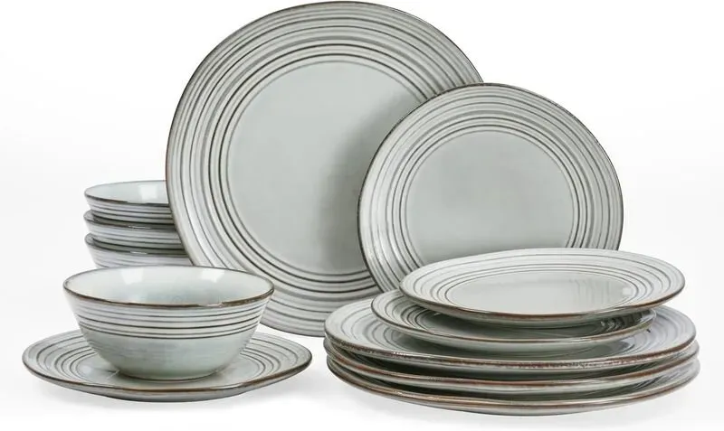 Richmount Twilight Serie Geschirrset – 12-teiliges Keramikset für 6 Personen – inklusive Speiseteller/Salatteller/Müslischalen – spülmaschinen- und mikrowellengeeignet – grau-blau
