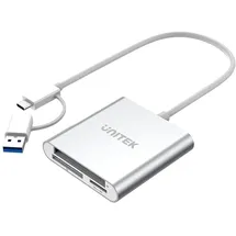 UNITEK All in One Kartenleser USB 3.0 + USB C Adapter, 5 Gbps, 3 Slots für SD/mini SD/micro SD(TF)/CompactFlash (CF)/MS für Windows PC, Mac, Notebook und TV, Silber, Aluminium