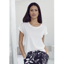 Pyjamaoberteil LASCANA, Damen, Gr. 32/34, beige (ecru), Single Jersey, Obermaterial: 50% Baumwolle, 50% Viskose, unifarben, Basic, bequem hüftlang, Rundhals, Kurzarm angeschnitten Overlocknaht, Shirts, in unifarben