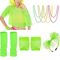 AONAT Netzshirt Netzoberteil,90er 80er Jahre Outfit Damen Netzoberteil Accessoires Haarreif Halskette Handschuhe Beinstulpen Damen Kostüm Neon Shirt Halloween Karneval Cosplay Party