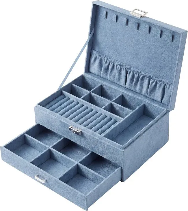 Ochama Schmuckaufbewahrung, 2-stöckige Aufbewahrungsbox mit Schublade und Schloss, für Ohrringe, Ringe, Halsketten, Geschenkidee, hellblau