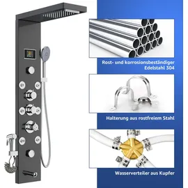 Toner Kingdom KEOKBON Duschpaneel Regendusche Edelstahl Schwarz mit LED-Lichter,5 Funktionen Duschsystem mit Handbrause, Massagedusche und Wasserfall Dusche