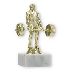 Pokal Kunststofffigur Kraftdreikampf Kreuzheben gold auf weißem Marmorsockel 16,0cm