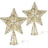 COM-FOUR® 2X LED Deko Stern Weihnachten - Weihnachtsdekoration Stern mit LED und Timer - Aufsteller Weihnachtsstern mit Pailletten (2 Stück goldfarben/39cm)