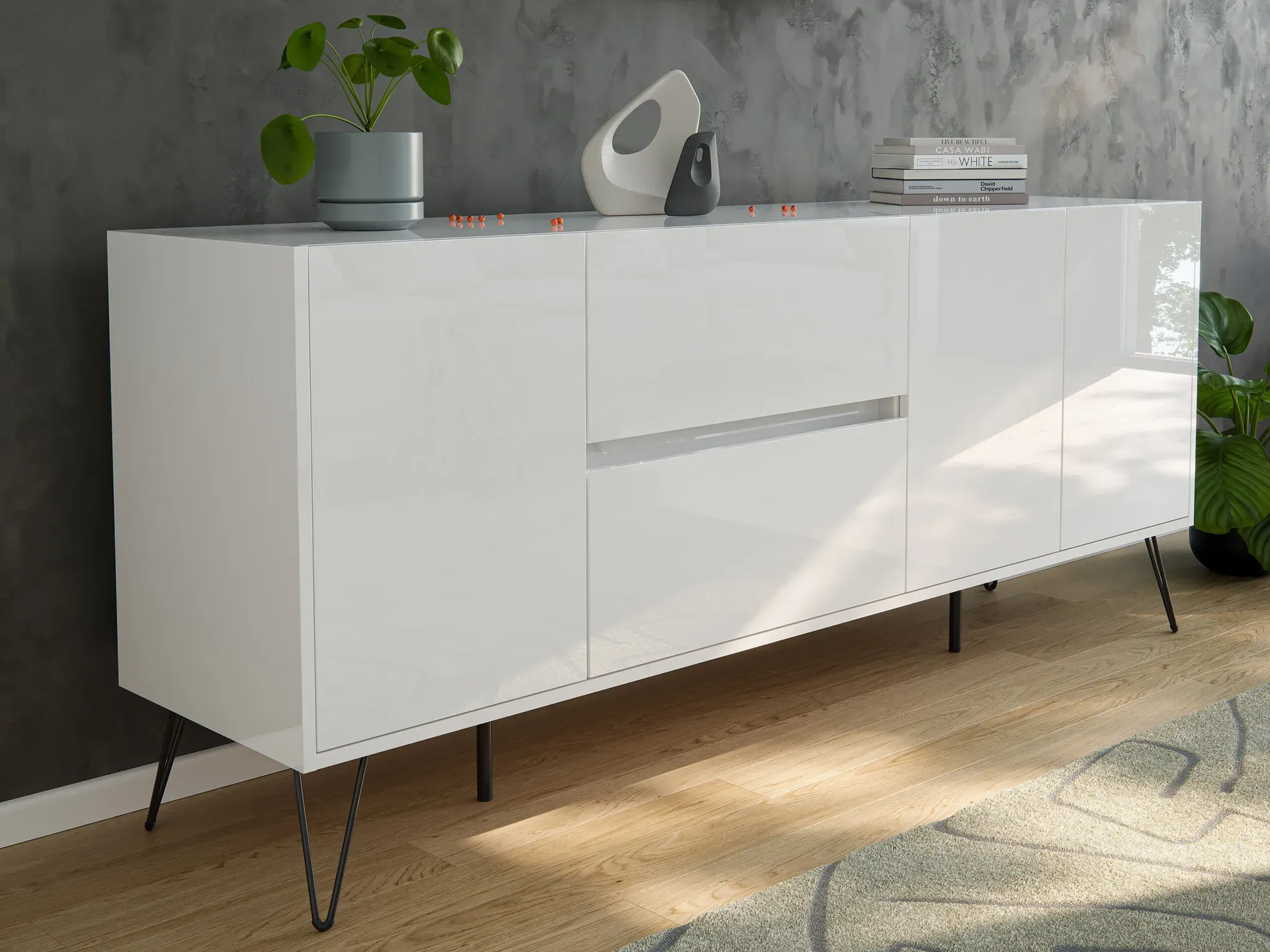 Raumwunder XL Sideboard Kommode Pharo 180cm 2 SoftClose 3 Türen Weiß hochglanz