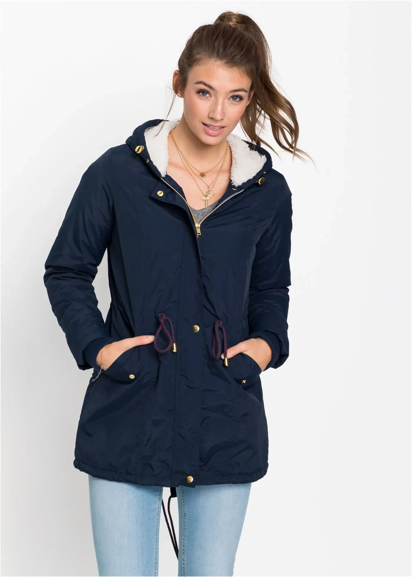 Parka BONPRIX, Damen, Gr. 38, blau (dunkelblau), Obermaterial: 100% Polyester. Futter: 100% Polyester. Ärmelfutter: 100% Polyester, unifarben, loose fit, Rippstrickbündchen, Jacken Parka, modischer Stil, mit Teddy-Fleece, mit Kapuze, lockere Passform